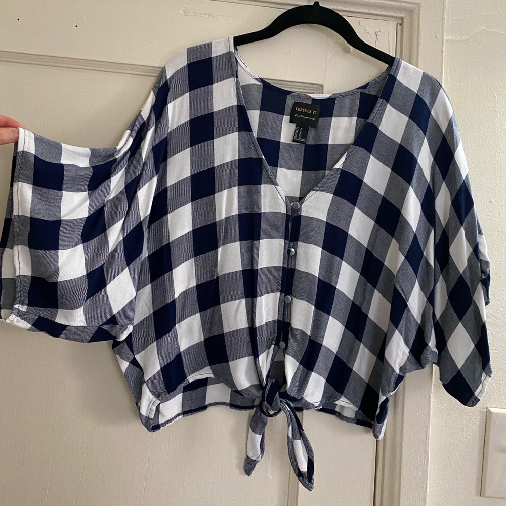 Navy & white crop top with tie and buttons